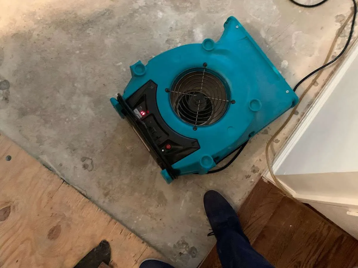 Air mover drying subfloor during Leak Detection & Repair in Sitka